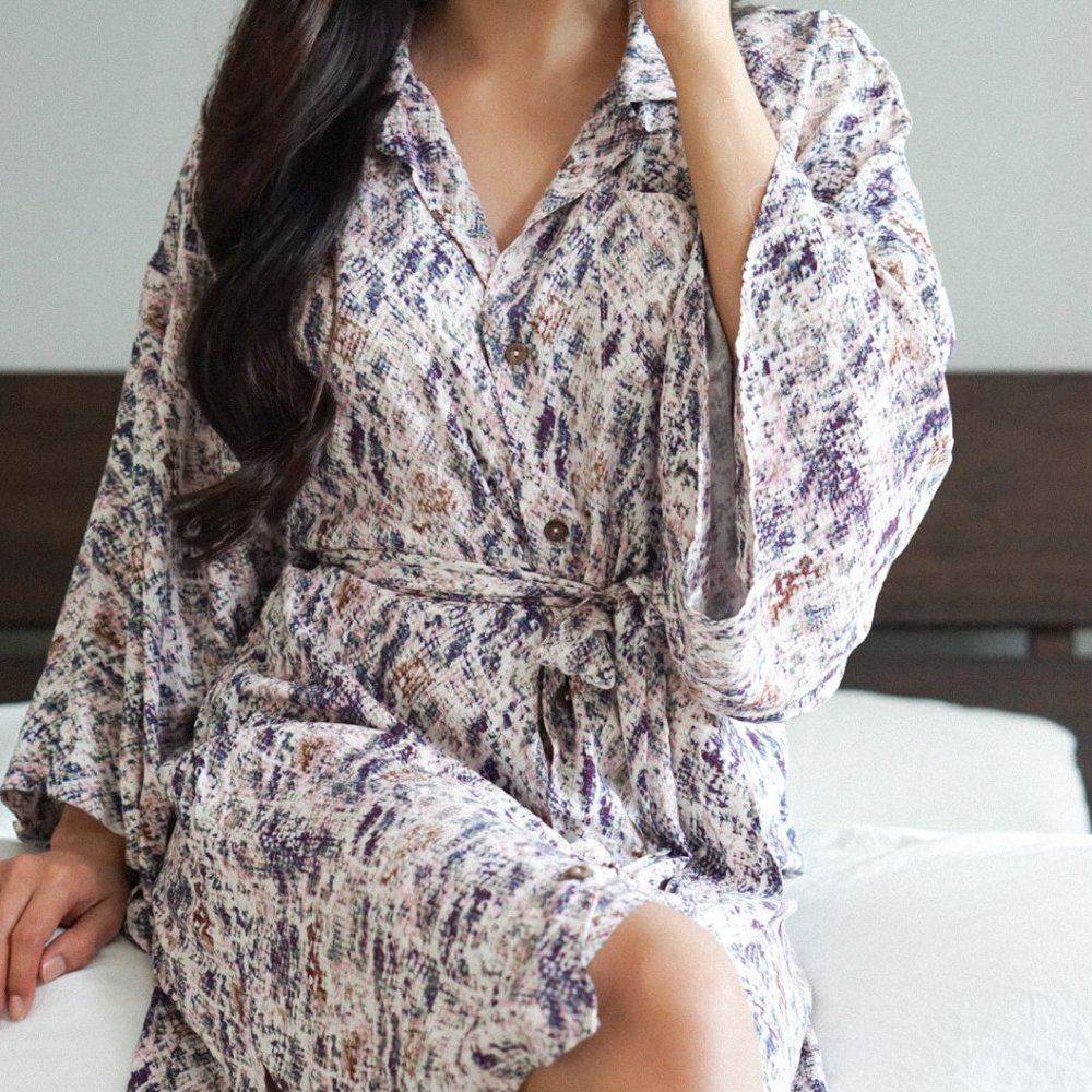 Snake Print Button Dress with Bell Sleeves
